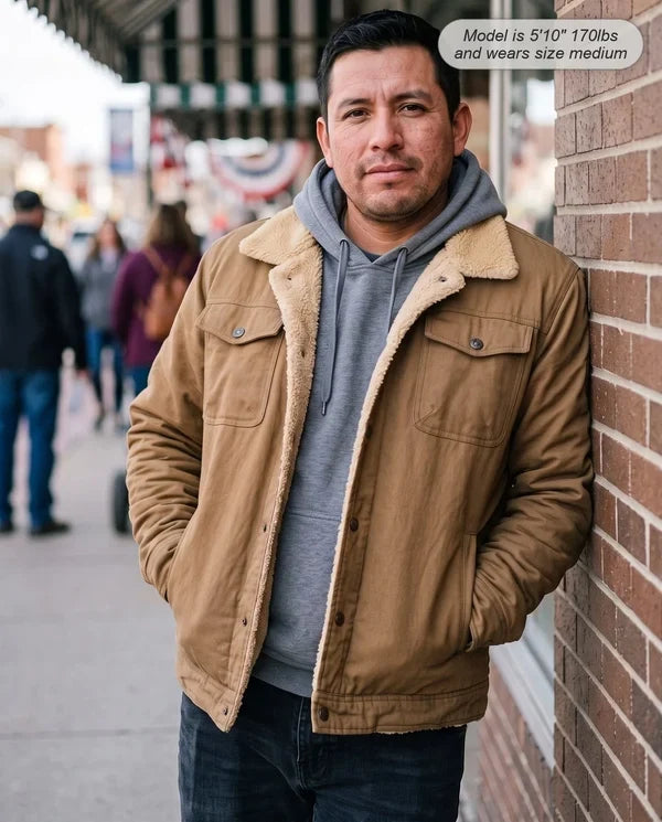 Men’s Sherpa-Lined Trucker Jacket – Fleece Cotton Coat in Khaki