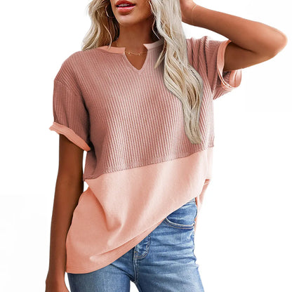 Women's Waffle Knit V-Neck Short Sleeve Top – Loose Fit Casual Summer T-Shirt