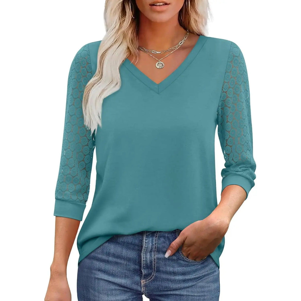 Women’s 3/4 Sleeve Lace V-Neck Tunic Top – Elegant Business Casual Blouse