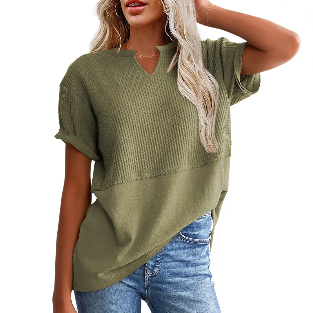 Women's Waffle Knit V-Neck Short Sleeve Top – Loose Fit Casual Summer T-Shirt