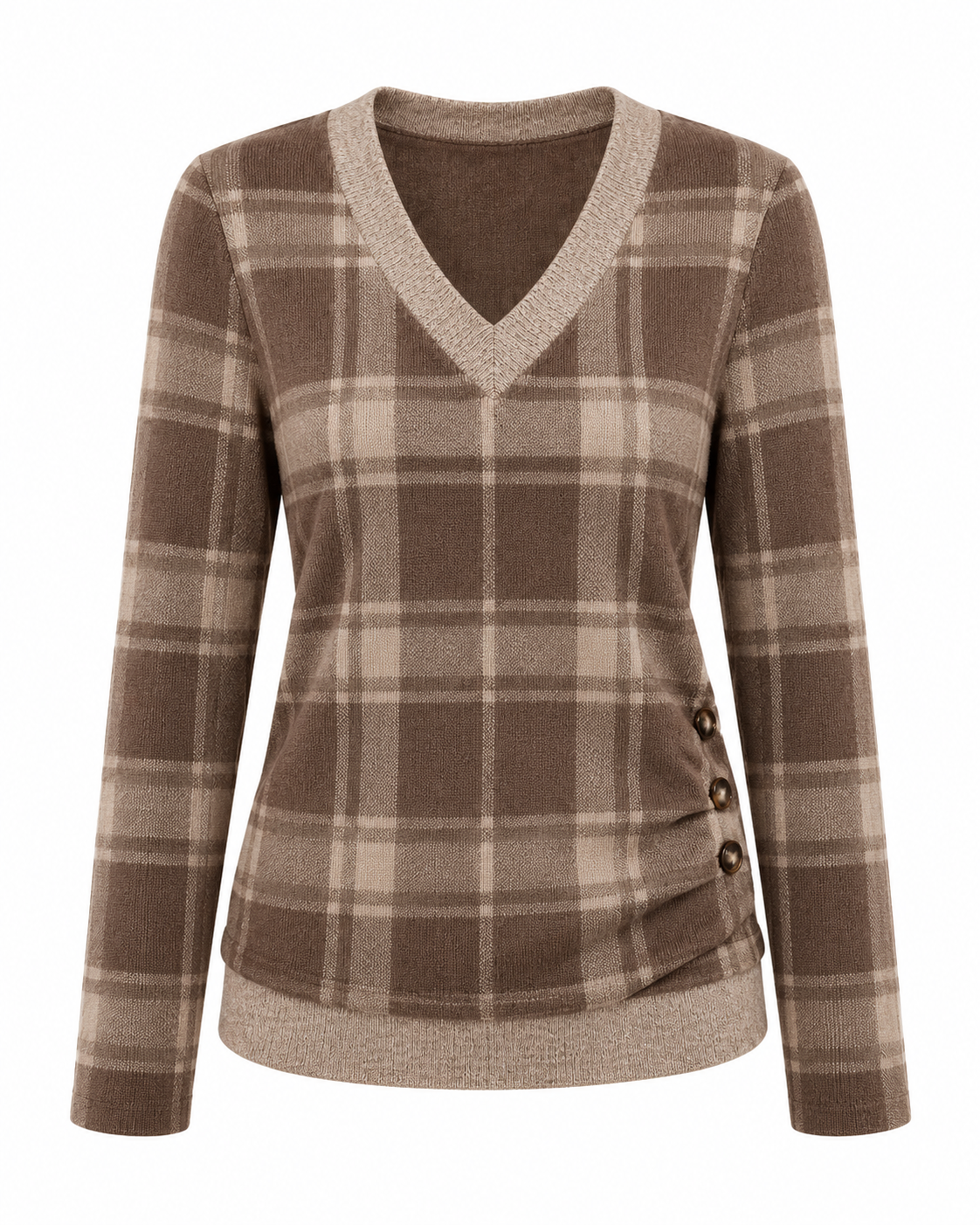 Women's Casual V-Neck Long Sleeve Knit Top with Side Button Detail
