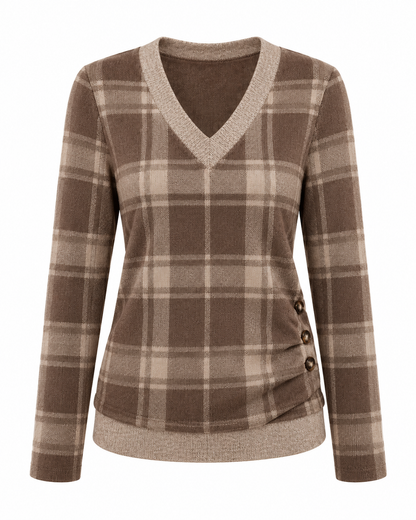 Women's Casual V-Neck Long Sleeve Knit Top with Side Button Detail