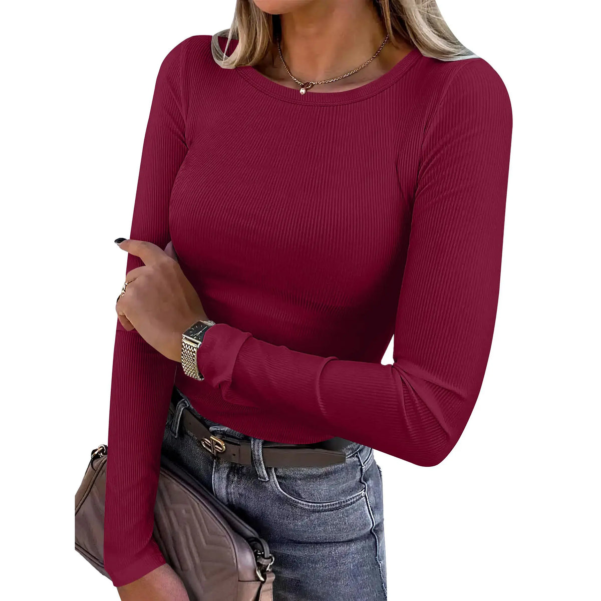 Women’s Ribbed Long Sleeve Crewneck Top – Slim Fit Basic Tee