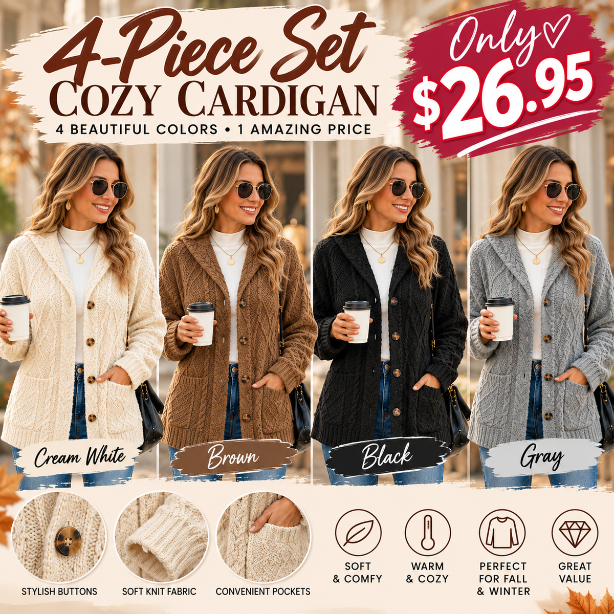 Women's Cozy Fleece Hooded Cardigan Jacket – Soft Button-Down Coat with Pockets