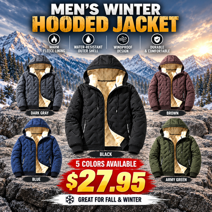 Men's Winter Fleece-Lined Hooded Jacket – Warm Quilted Full-Zip Coat