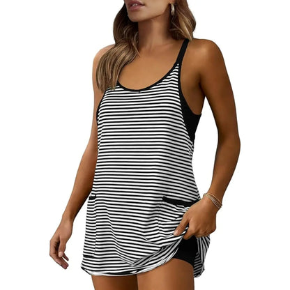 Women's Striped Romper Dress with Built-in Shorts | V-Neck Sleeveless Athletic Mini Dress for Beach, Vacation & Casual Summer Wear