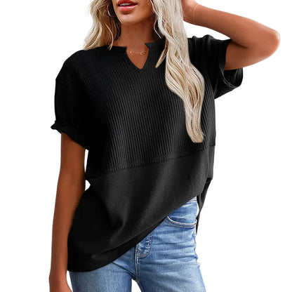 Women's Waffle Knit V-Neck Short Sleeve Top – Loose Fit Casual Summer T-Shirt
