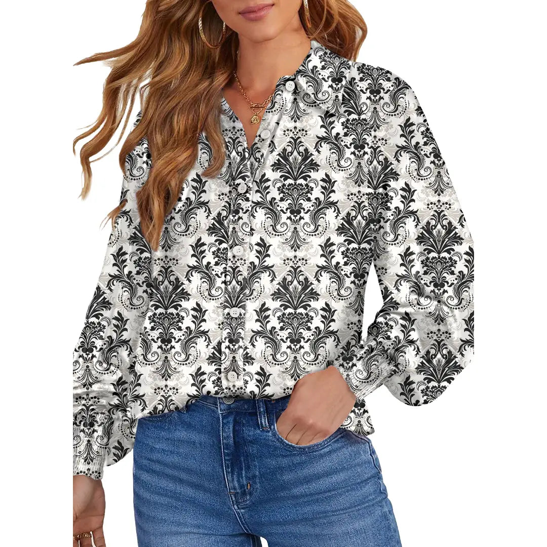 Women’s Floral Chiffon Button Down Blouse – V Neck Long Sleeve Casual Boho Shirt