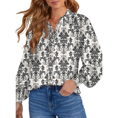 Women’s Floral Chiffon Button Down Blouse – V Neck Long Sleeve Casual Boho Shirt