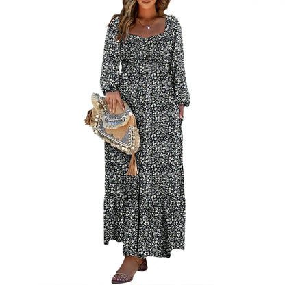 Women's Boho Floral Maxi Dress – Smocked Square Neck Long Sleeve Vacation Dress