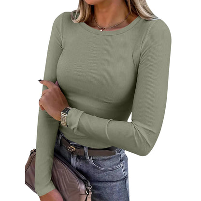 Women’s Ribbed Long Sleeve Crewneck Top – Slim Fit Basic Tee