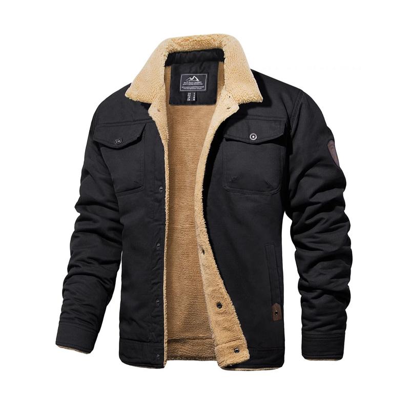 Men’s Sherpa-Lined Trucker Jacket – Fleece Cotton Coat in Khaki