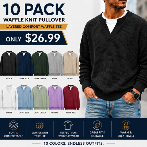 Men's Layered Comfort Waffle Knit Pullover – Soft Thermal Long Sleeve Sweater