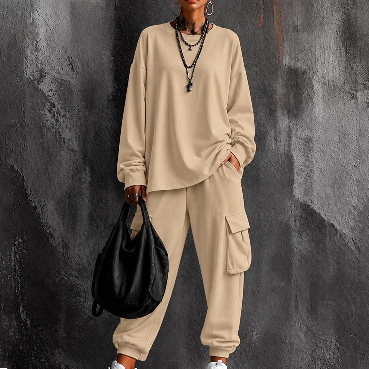 Women's Casual Crew Neck Top & Cargo Pants Set