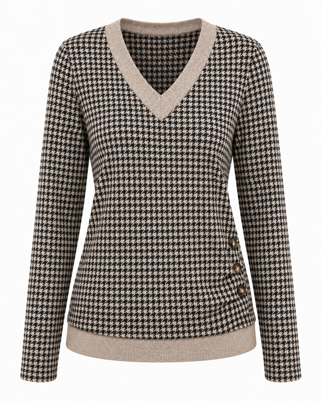 Women's Casual V-Neck Long Sleeve Knit Top with Side Button Detail