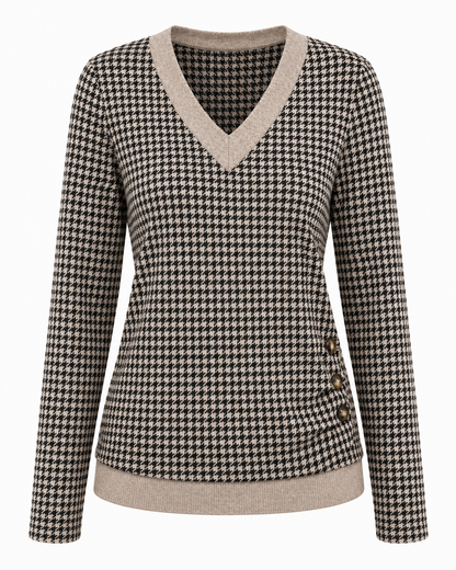 Women's Casual V-Neck Long Sleeve Knit Top with Side Button Detail