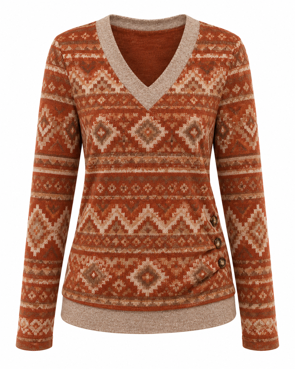 Women's Casual V-Neck Long Sleeve Knit Top with Side Button Detail