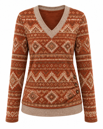 Women's Casual V-Neck Long Sleeve Knit Top with Side Button Detail