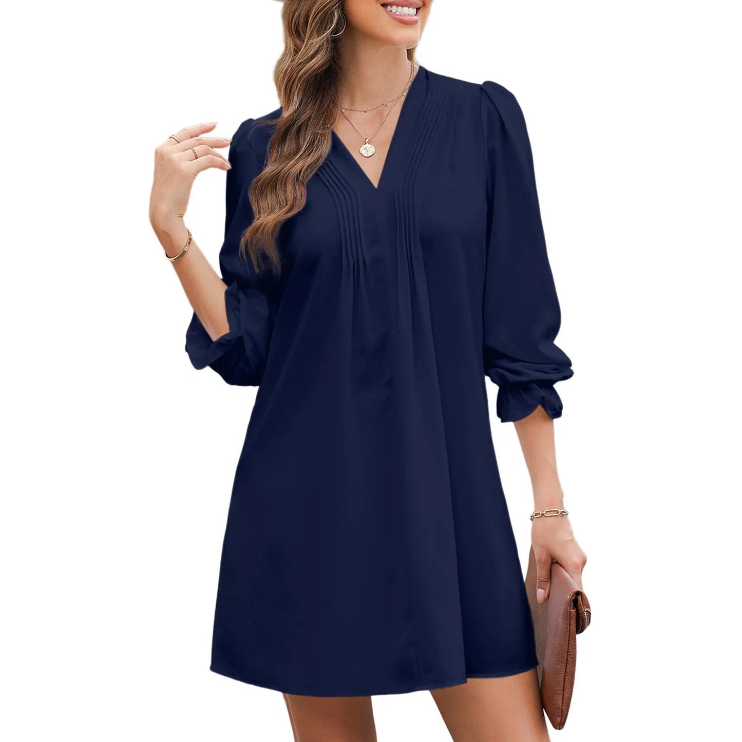 Women’s Casual V-Neck A-Line Dress – Ruffle Sleeve Pleated Flowy Midi Dress