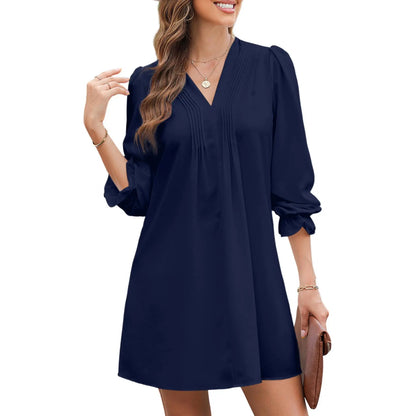 Women’s Casual V-Neck A-Line Dress – Ruffle Sleeve Pleated Flowy Midi Dress