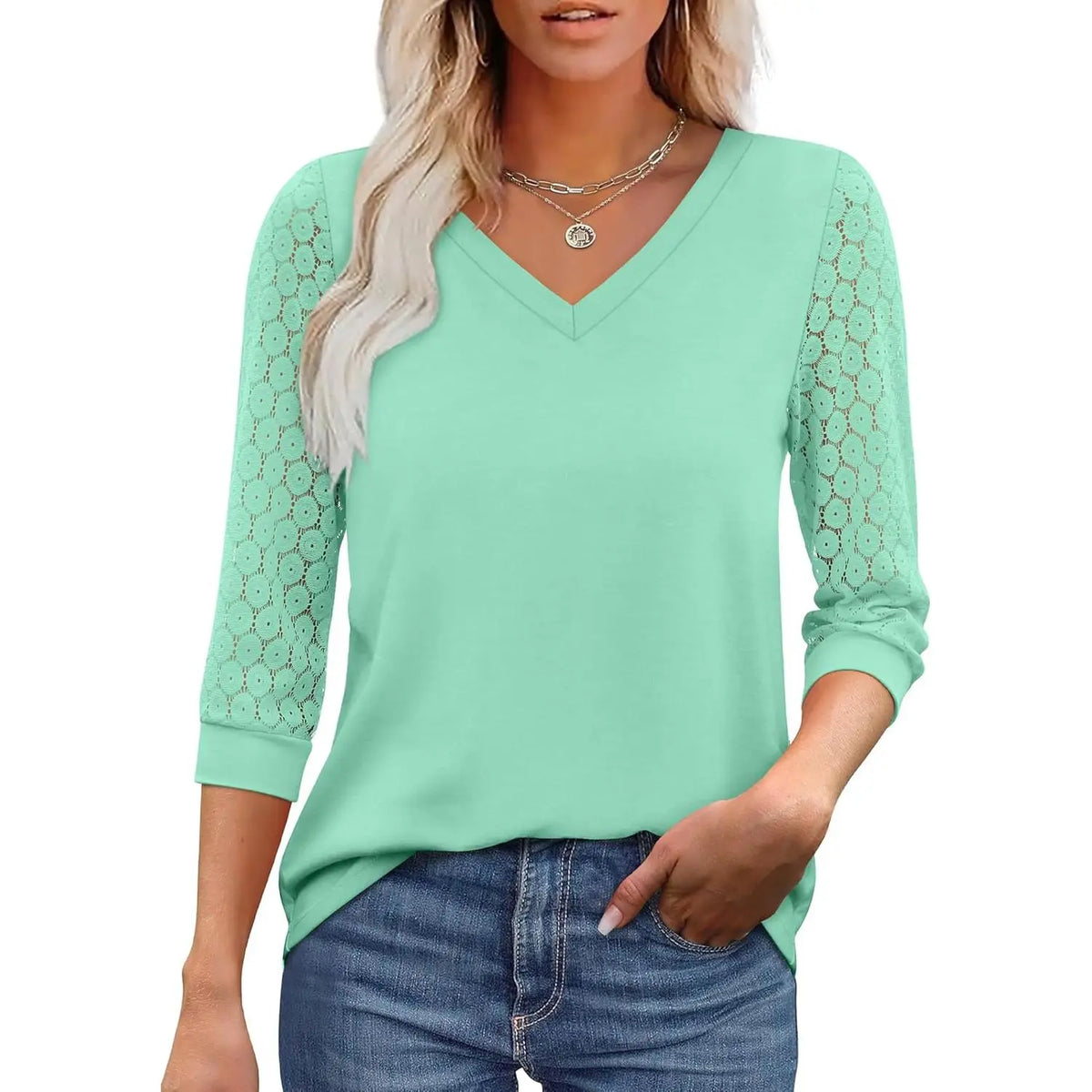 Women’s 3/4 Sleeve Lace V-Neck Tunic Top – Elegant Business Casual Blouse