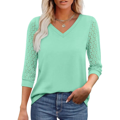 Women’s 3/4 Sleeve Lace V-Neck Tunic Top – Elegant Business Casual Blouse