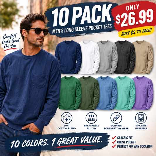 Men's Loose Fit Long Sleeve Pocket T-Shirt – Soft Cotton Blend Casual Tee for Everyday Wear