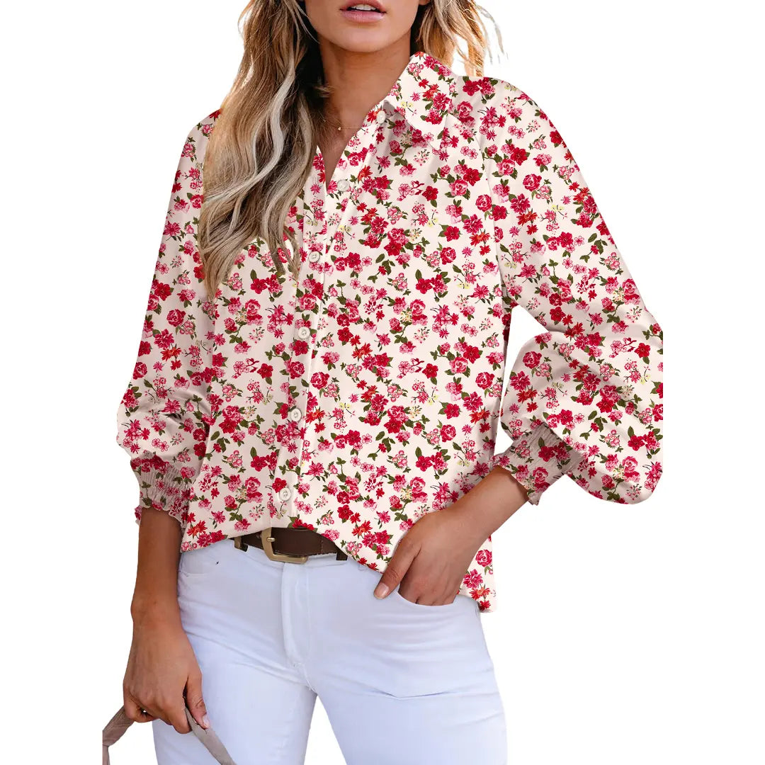 Women’s Floral Chiffon Button Down Blouse – V Neck Long Sleeve Casual Boho Shirt