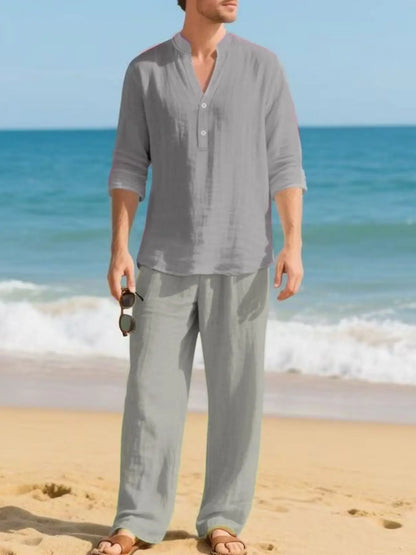 Men’s Linen Henley Shirt & Pants Set – Relaxed Fit Casual 2-Piece Outfit for Beach, Vacation & Everyday Wear