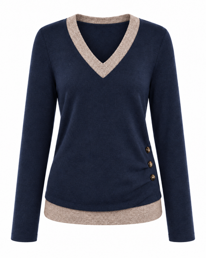 Women's Casual V-Neck Long Sleeve Knit Top with Side Button Detail