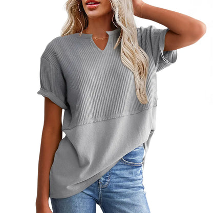 Women's Waffle Knit V-Neck Short Sleeve Top – Loose Fit Casual Summer T-Shirt