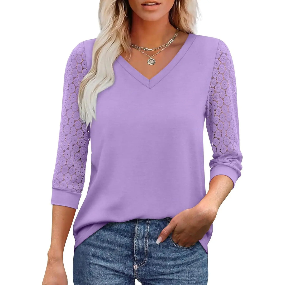 Women’s 3/4 Sleeve Lace V-Neck Tunic Top – Elegant Business Casual Blouse