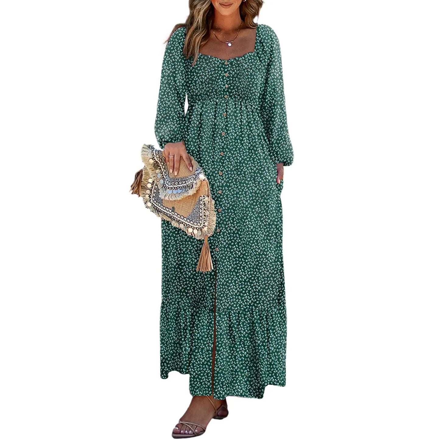 Women's Boho Floral Maxi Dress – Smocked Square Neck Long Sleeve Vacation Dress