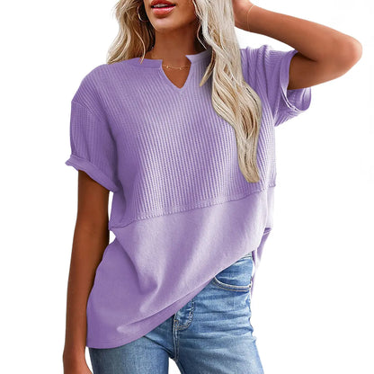 Women's Waffle Knit V-Neck Short Sleeve Top – Loose Fit Casual Summer T-Shirt