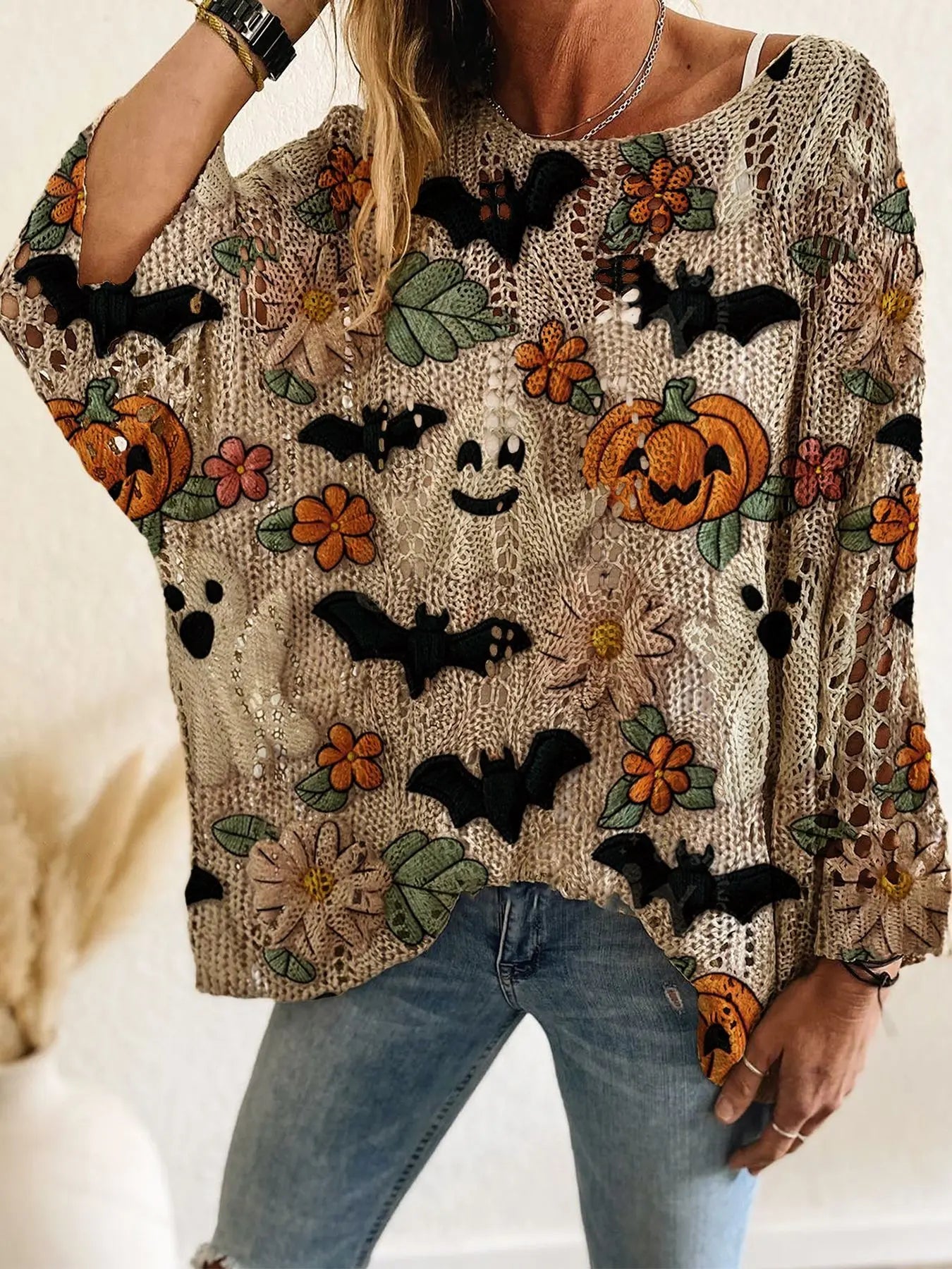 Women's Halloween Pumpkin Graphic Sweater, Loose Fit Batwing Sleeve Knit Pullover