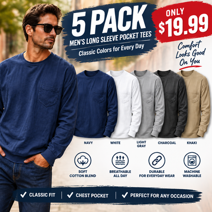 Men's Loose Fit Long Sleeve Pocket T-Shirt – Soft Cotton Blend Casual Tee for Everyday Wear
