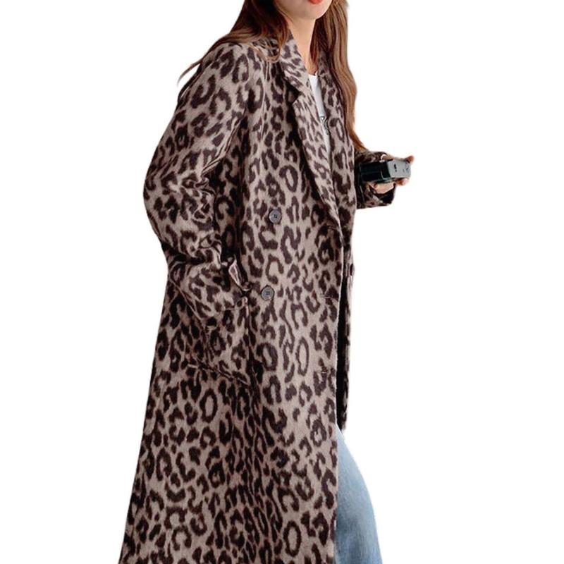 Women's Leopard Print Double-Breasted Wool Blend Trench Coat – Long Winter Overcoat