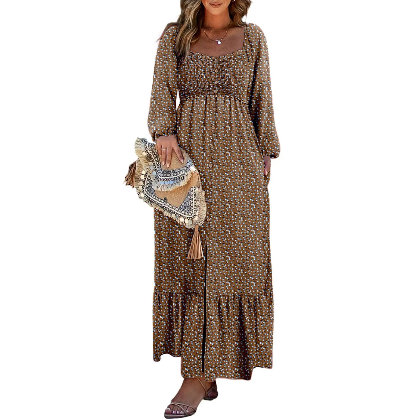 Women's Boho Floral Maxi Dress – Smocked Square Neck Long Sleeve Vacation Dress