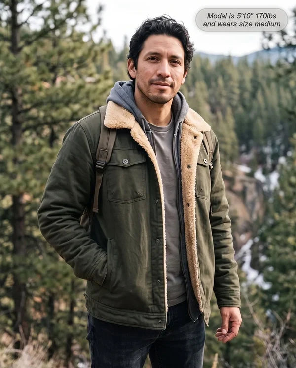Men’s Sherpa-Lined Trucker Jacket – Fleece Cotton Coat in Khaki