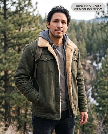 Men’s Sherpa-Lined Trucker Jacket – Fleece Cotton Coat in Khaki