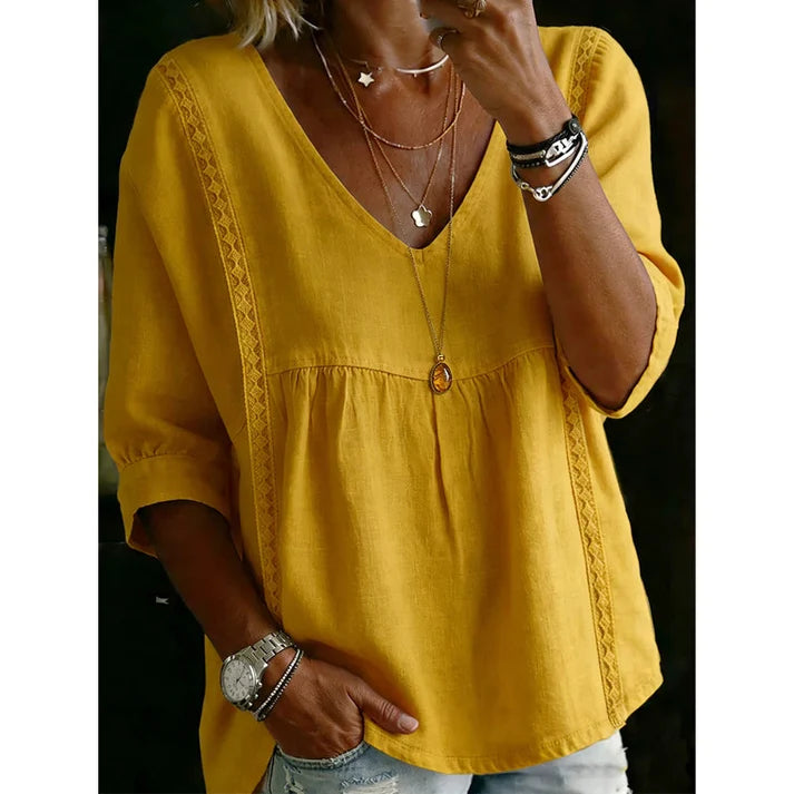 Women’s V-Neck Lace Trim 3/4 Sleeve Blouse – Casual Flowy Top