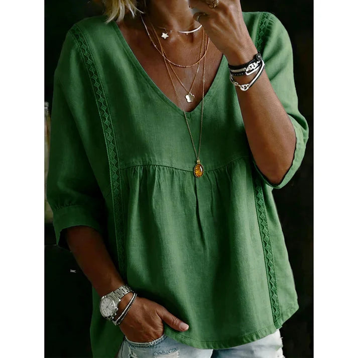 Women’s V-Neck Lace Trim 3/4 Sleeve Blouse – Casual Flowy Top