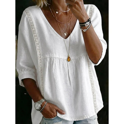 Women’s V-Neck Lace Trim 3/4 Sleeve Blouse – Casual Flowy Top