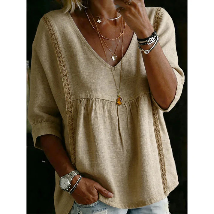 Women’s V-Neck Lace Trim 3/4 Sleeve Blouse – Casual Flowy Top