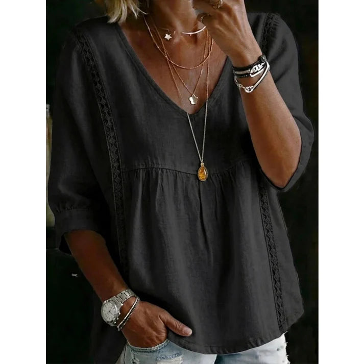 Women’s V-Neck Lace Trim 3/4 Sleeve Blouse – Casual Flowy Top