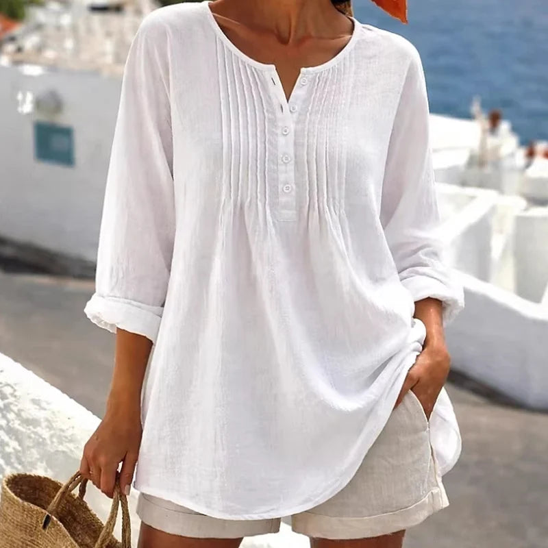 Women's Casual Pleated Henley Blouse – Long Sleeve Relaxed Fit Top