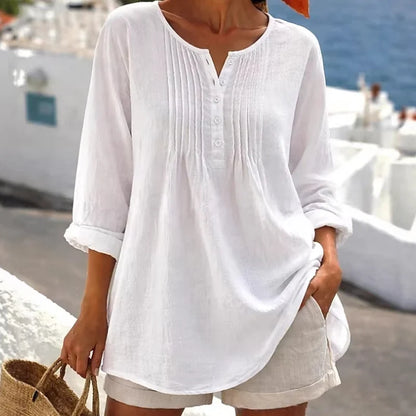 Women's Casual Pleated Henley Blouse – Long Sleeve Relaxed Fit Top