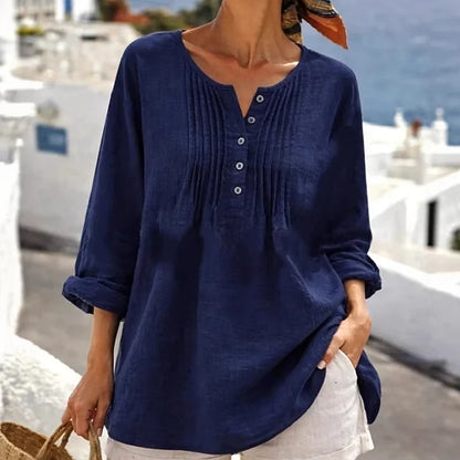 Women's Casual Pleated Henley Blouse – Long Sleeve Relaxed Fit Top