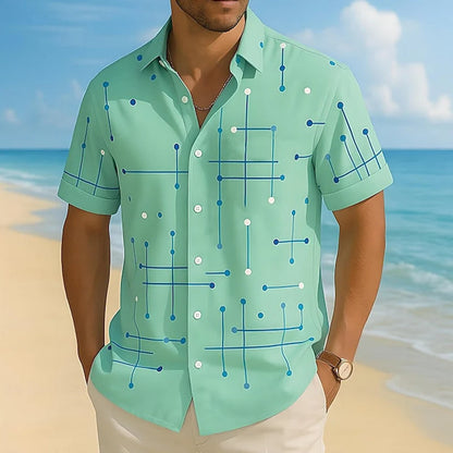 Men's Relaxed Fit Short Sleeve Button Down Shirt – Lightweight Stretch Casual Beach Shirt with Geometric Print