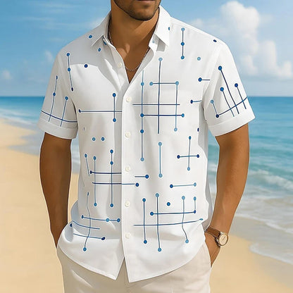 Men's Relaxed Fit Short Sleeve Button Down Shirt – Lightweight Stretch Casual Beach Shirt with Geometric Print